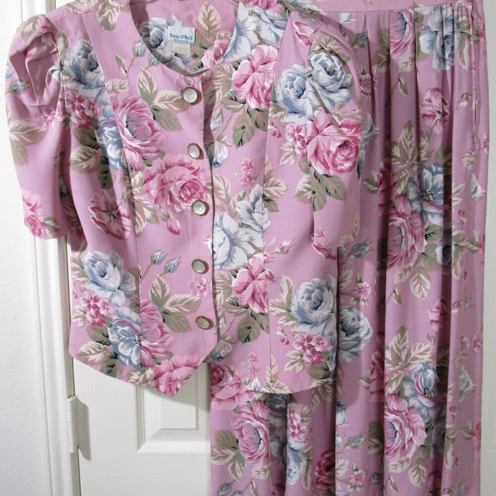 Vintage Pre-Owned Patty O'Neil 2 Pc. Rose Pink Floral Skirt Set, Size 12